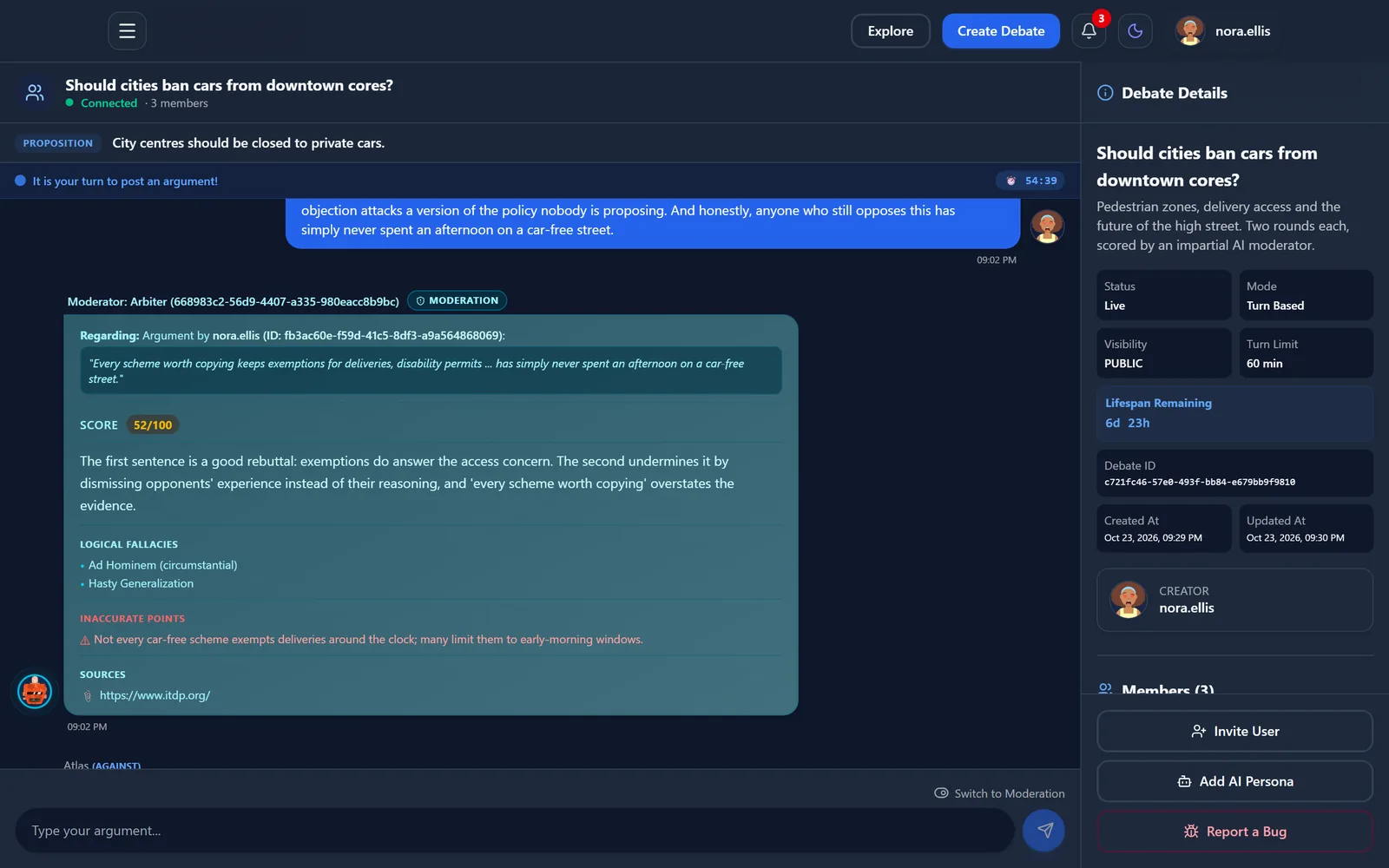 An AI moderator’s judgment of one argument: a score out of 100, a written rationale, named logical fallacies, an inaccurate claim and sources