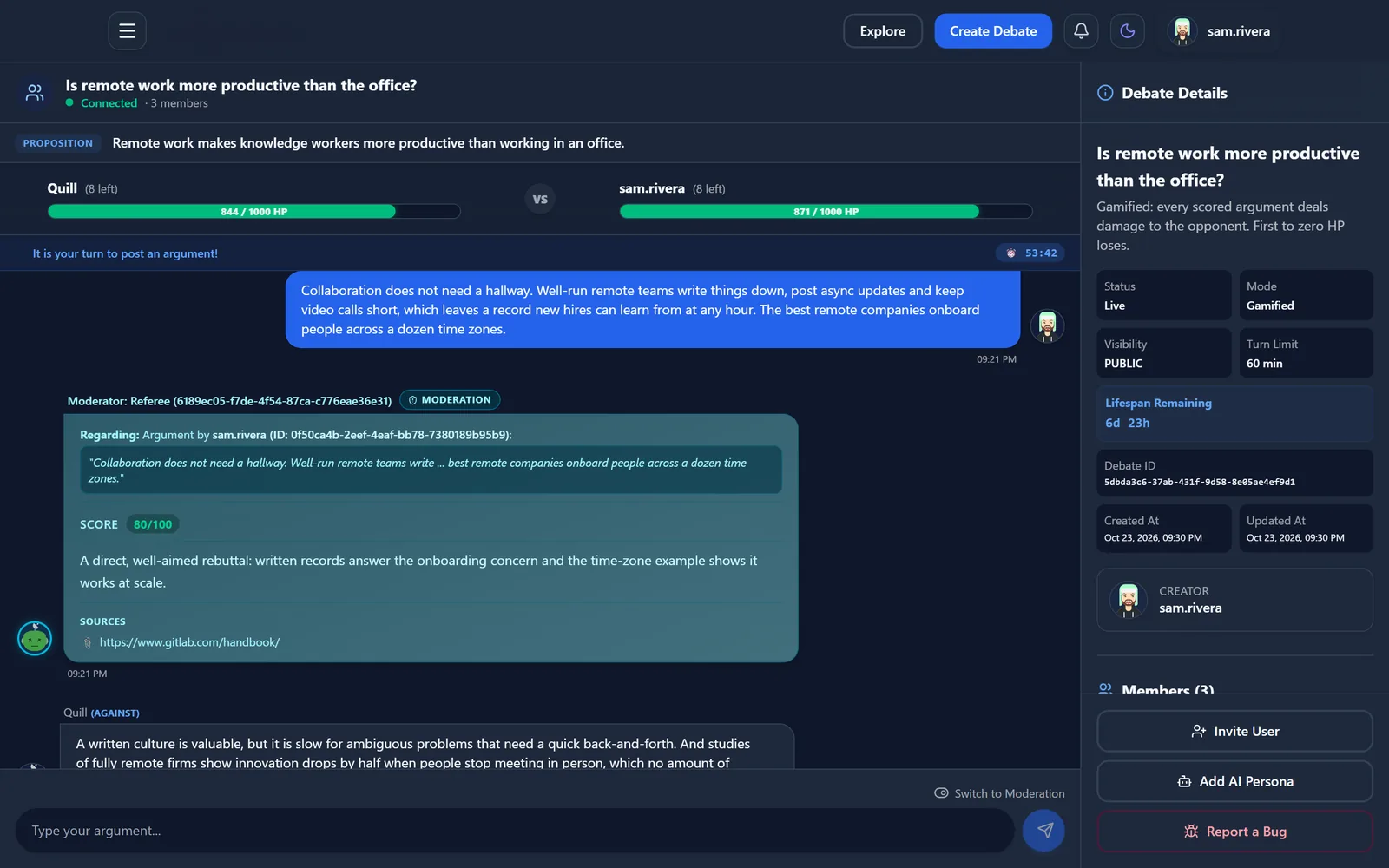 A live, gamified debate between a person and an AI persona, with health bars, a turn timer and each argument scored