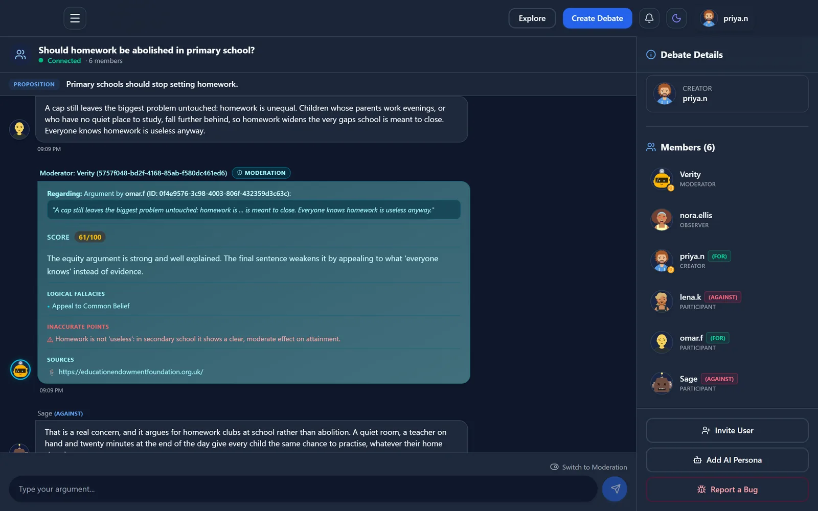 A free-form debate with three people, an AI participant and an AI moderator