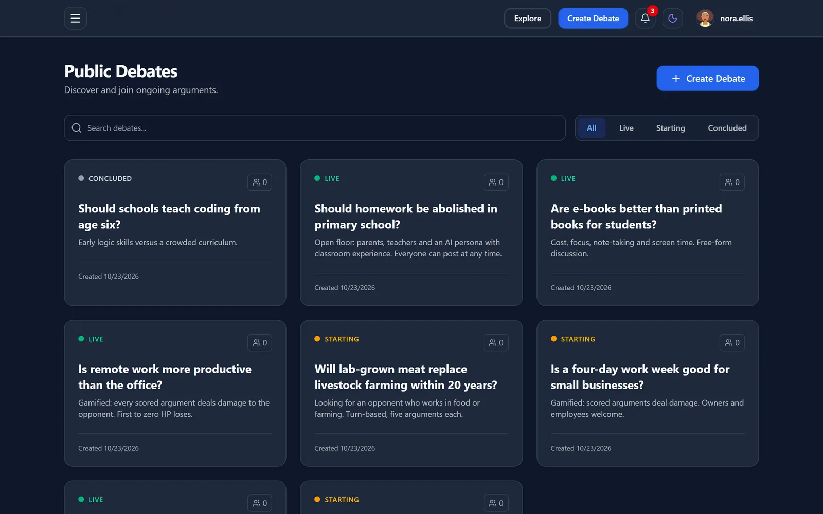 Public debates, with search and live, starting and concluded filters