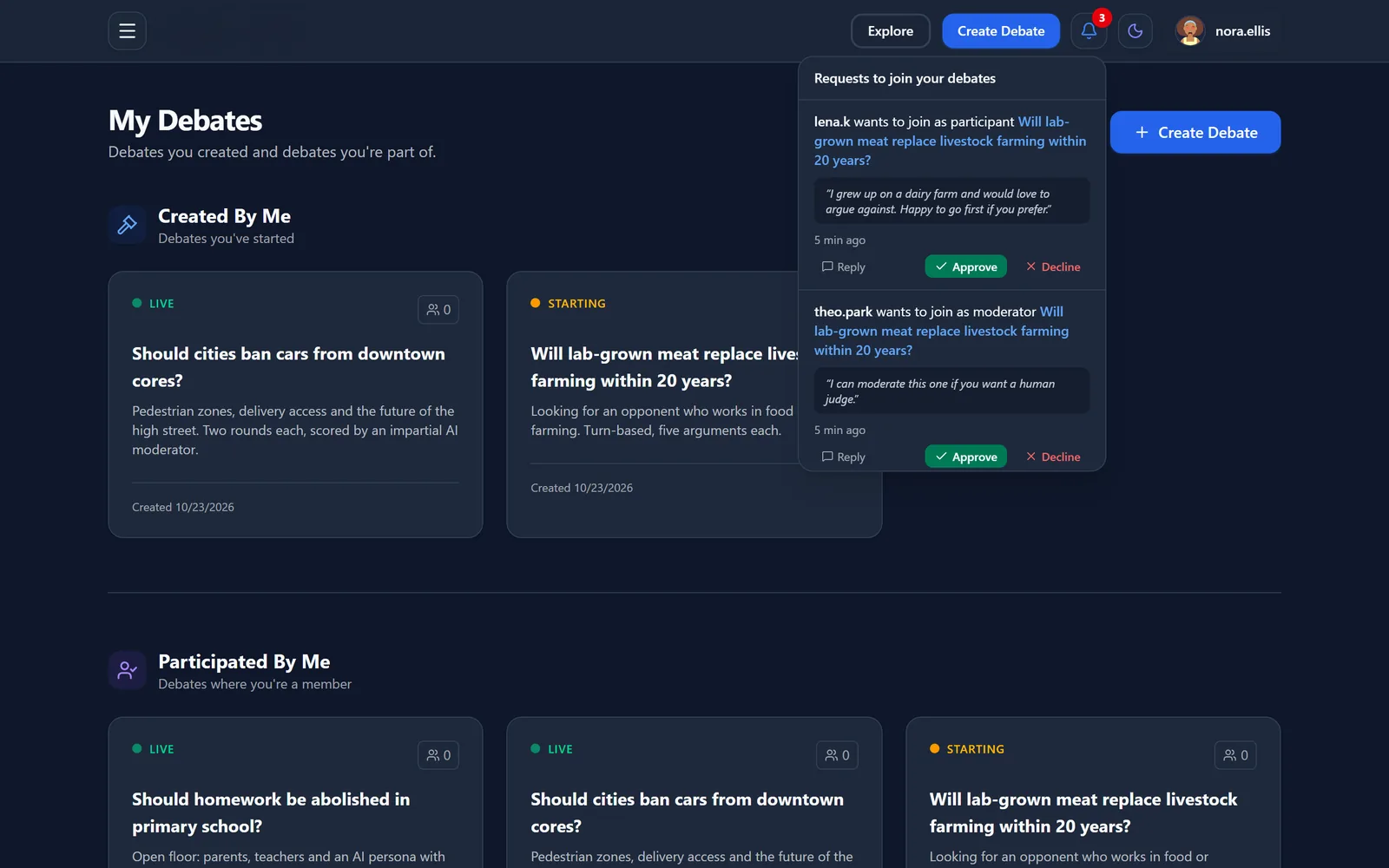 Requests to join a debate as participant or moderator, approved or declined from the notifications